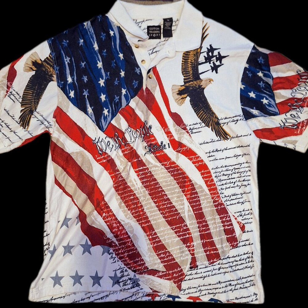 COTTON TRADERS SPORT XL Declaration Of Independence Flag July 4th Polo Shirt